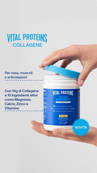 A vertical product feature ad displaying a hand holding a Vital Proteins container, clearly listing the key ingredients and core benefits for joints and muscles.